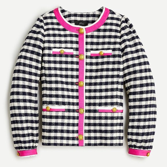 NWT J.Crew Grosgrain-trim Lady Jacket in Navy Ivory Check Gingham Tweed 8 - Picture 1 of 7